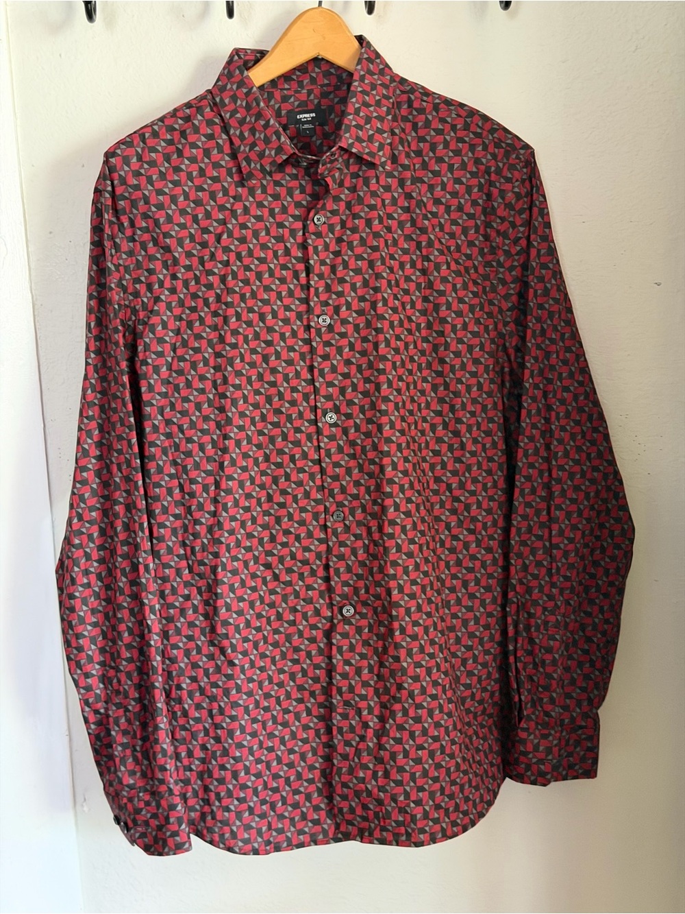 Express Red Black Geometric Men's Slim Fit Long Sleeve  Shirt Large